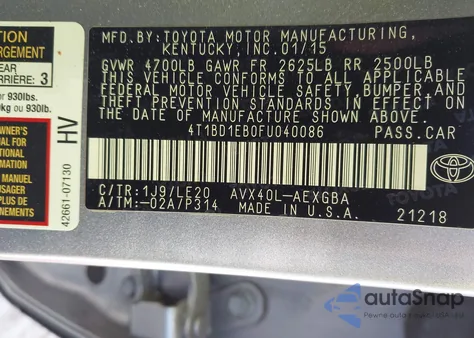 2015 Toyota Avalon Hybrid Xle Touring из США, поврежденный, VIN 4T1BD1EB0FU040086